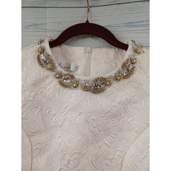 Chickwick Ivory Brocade Dress With Beaded Collar Regency Print on The Hem Sz XS - Picture 2 of 9